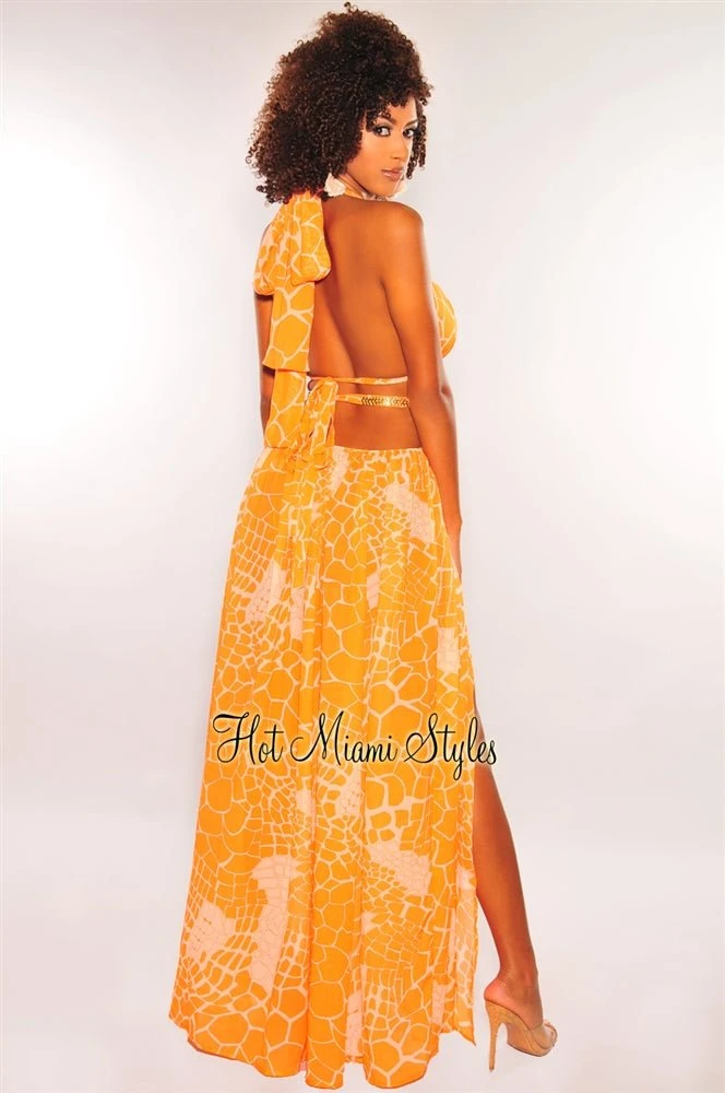 Tangerine Print O-Ring Cut Out Gold Belted Double Slit Maxi Dress 2 Tangerine Print O-Ring Cut Out Gold Belted Double Slit Maxi Dress - Image 2