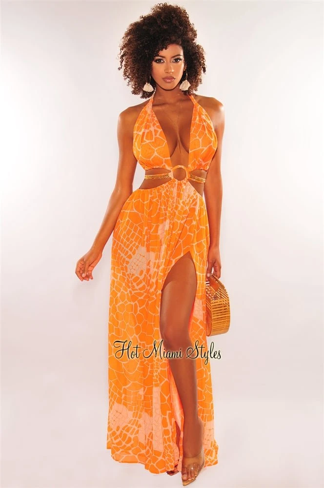Tangerine Print O-Ring Cut Out Gold Belted Double Slit Maxi Dress 1 Tangerine Print O-Ring Cut Out Gold Belted Double Slit Maxi Dress