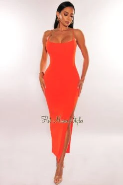 Tangerine Ribbed Gold Chain Spaghetti Strap Slit Dress