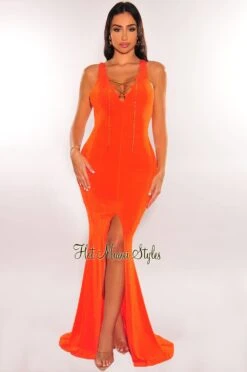 Tangerine Ribbed Sleeveless Gold Chain Lace Up Slit Gown