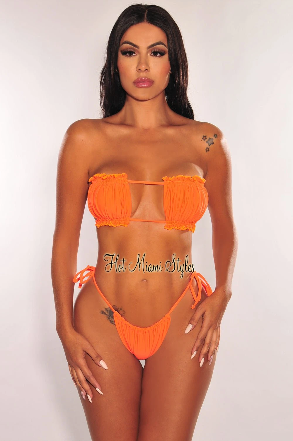 Tangerine Ruched Bust Frill Padded Bandeau Bikini 1 Tangerine Ruched Bust Frill Padded Bandeau Bikini