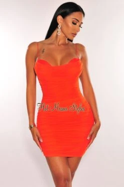Tangerine Satin Mesh Padded Strappy Back Ruched Mini Dress
