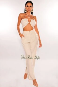 Taupe Linen High Waist Wide Leg Pants
