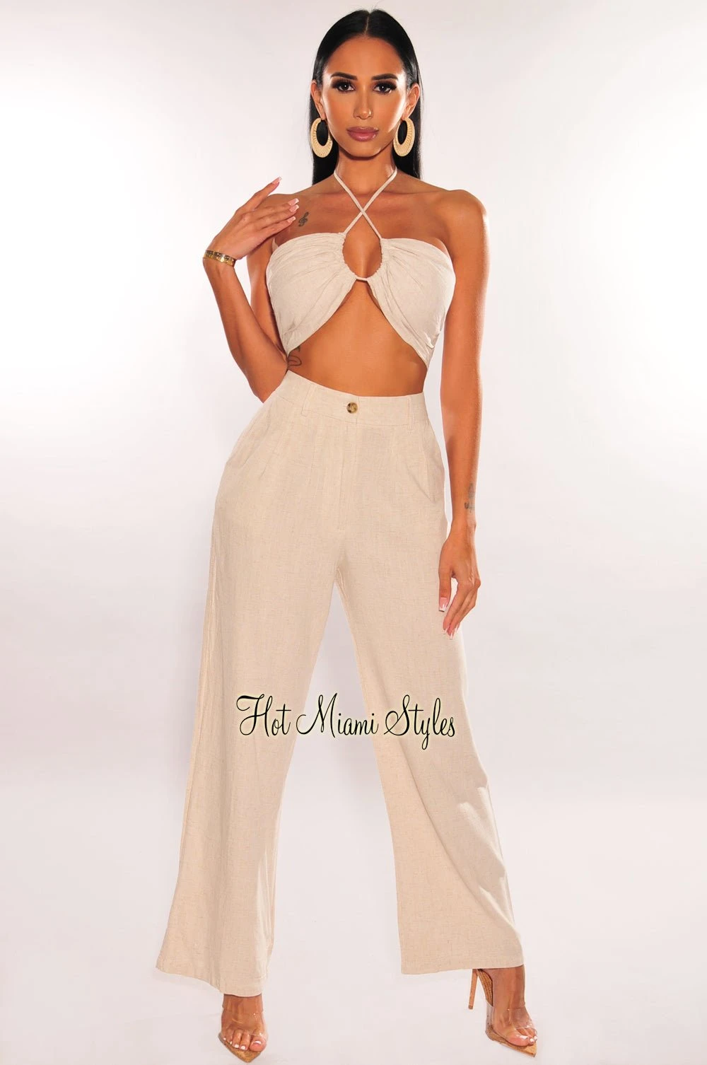 Taupe Linen High Waist Wide Leg Pants 2 Taupe Linen High Waist Wide Leg Pants - Image 2