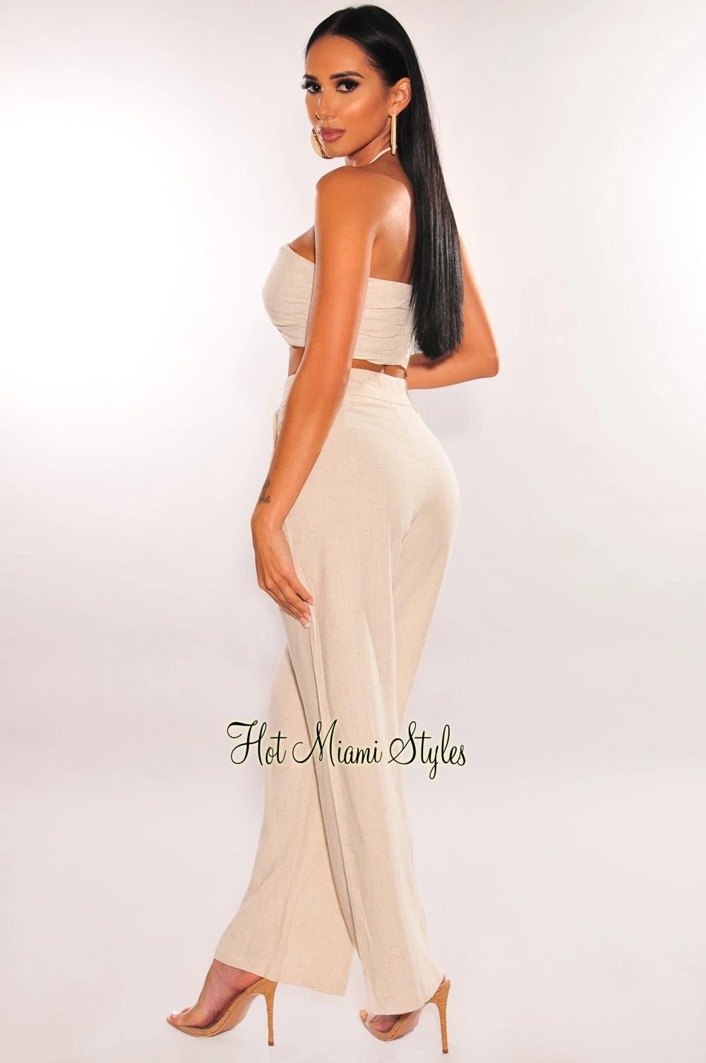 Taupe Linen High Waist Wide Leg Pants 3 Taupe Linen High Waist Wide Leg Pants - Image 3