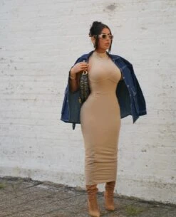 Taupe Mock Neck Ribbed Sleeveless Midi Dress -Miamis Style Shop taupe mock neck ribbed sleeveless midi dress hot miami styles 294595