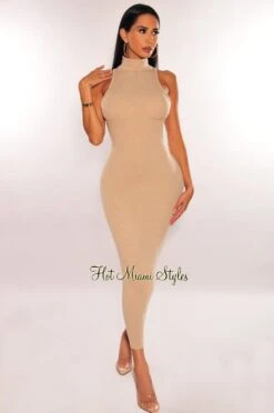 Taupe Mock Neck Ribbed Sleeveless Midi Dress