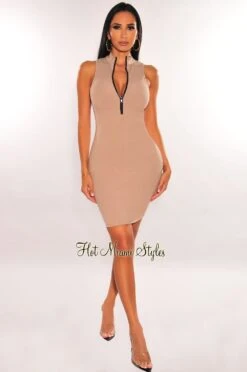 Taupe Ribbed Zipper Sleeveless Bodycon Dress -Miamis Style Shop taupe ribbed zipper sleeveless bodycon dress hot miami styles 402917