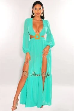 Teal Mesh V Neck Cut Out Long Sleeves Double Slit Maxi Dress