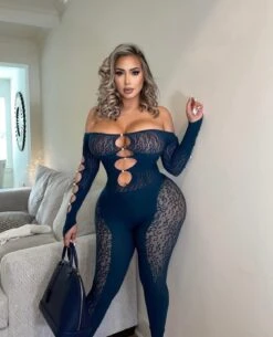 Teal Pearl Off Shoulder Cut Out Long Sleeve Seamless Jumpsuit -Miamis Style Shop teal pearl off shoulder cut out long sleeve seamless jumpsuit hot miami styles 234847