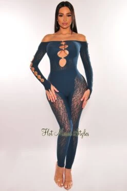 Teal Pearl Off Shoulder Cut Out Long Sleeve Seamless Jumpsuit