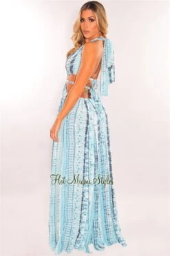 Teal Tie Dye O-Ring Cut Out Silver Belted Double Slit Maxi Dress -Miamis Style Shop teal tie dye o ring cut out silver belted double slit maxi dress hot miami styles 191039