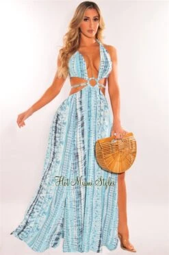 Teal Tie Dye O-Ring Cut Out Silver Belted Double Slit Maxi Dress -Miamis Style Shop teal tie dye o ring cut out silver belted double slit maxi dress hot miami styles 741024