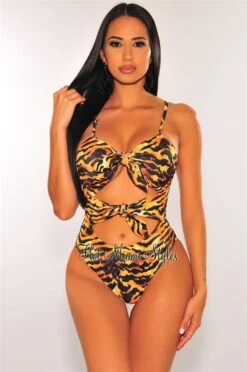 Miamis Style Shop -Miamis Style Shop tiger print double tie up cut out swimsuit hot miami styles 765988