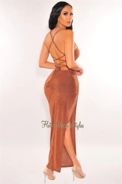 Toffee Halter Lace Up Back Ruched Slit Midi Dress