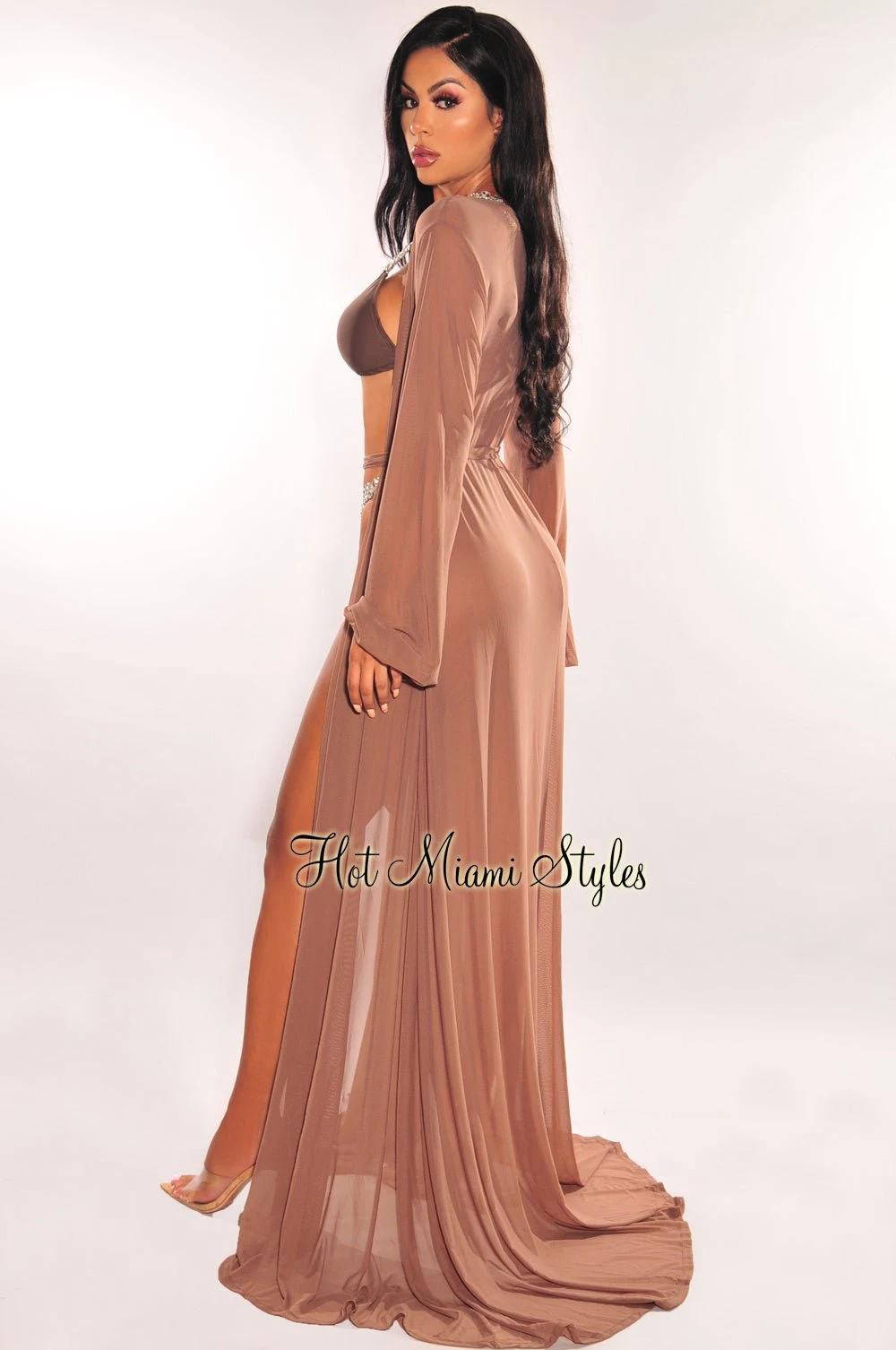 Toffee Mesh Long Sleeves Belted Maxi Cover Up 2 Toffee Mesh Long Sleeves Belted Maxi Cover Up - Image 2