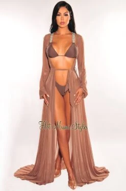 Toffee Mesh Long Sleeves Belted Maxi Cover Up