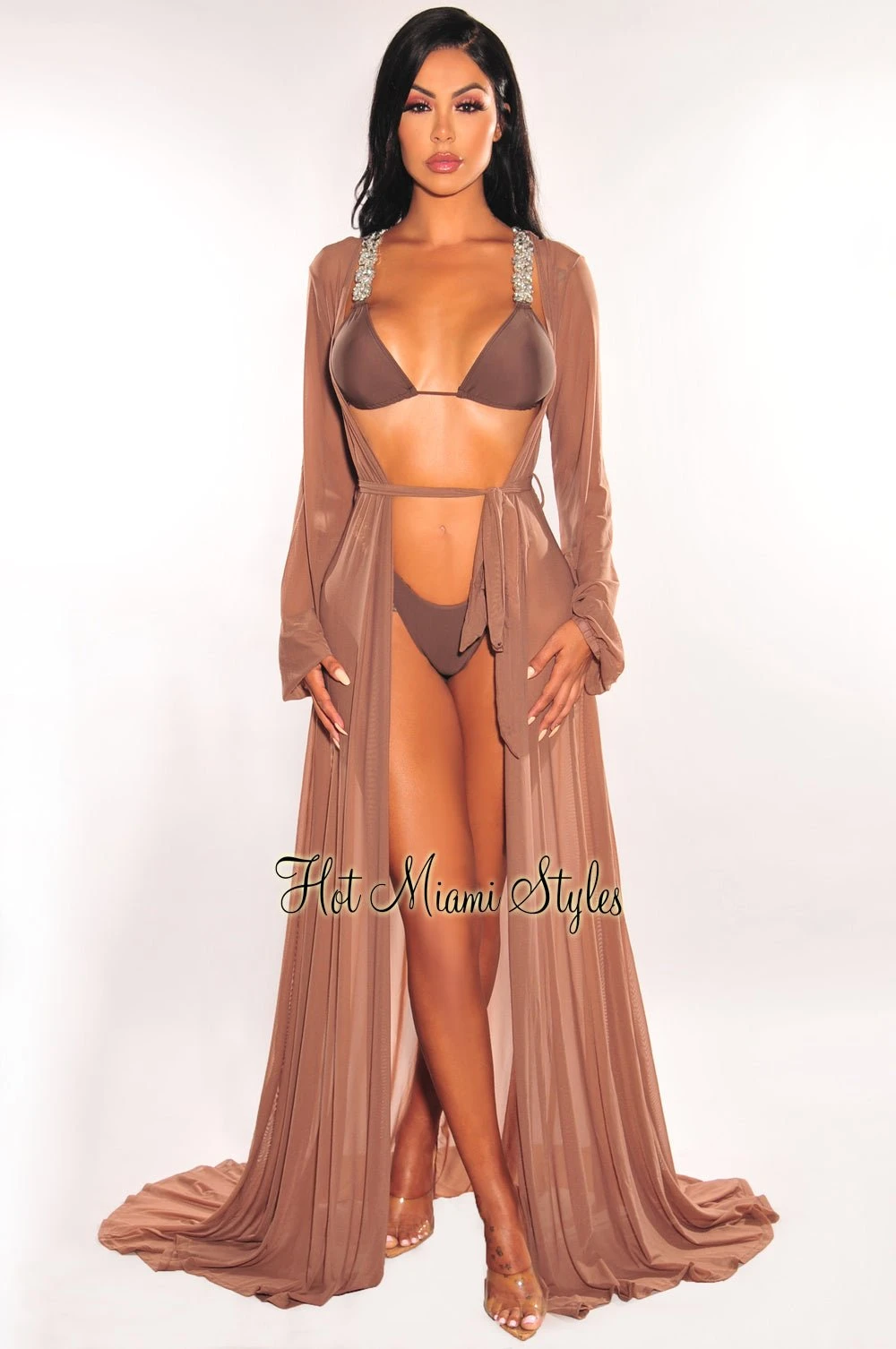 Toffee Mesh Long Sleeves Belted Maxi Cover Up 1 Toffee Mesh Long Sleeves Belted Maxi Cover Up