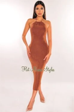 Toffee Ribbed Halter Sleeveless Midi Dress