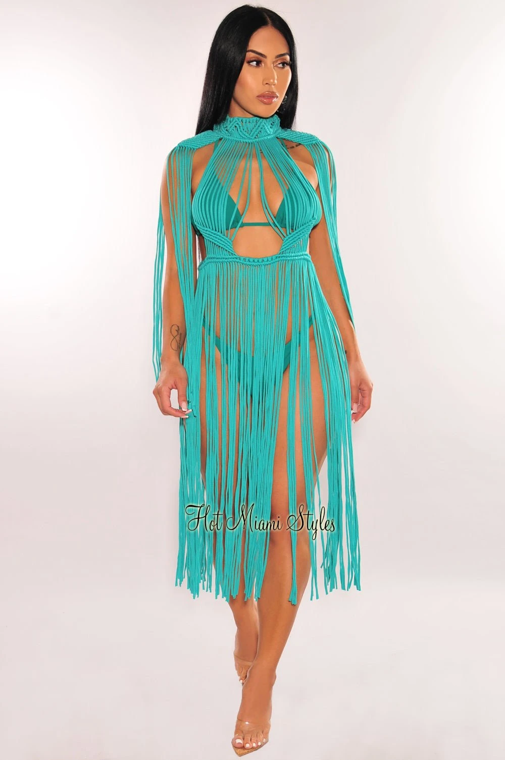 Turquoise Crochet Cape Sleeves Fringe Cover Up Dress 1 Turquoise Crochet Cape Sleeves Fringe Cover Up Dress