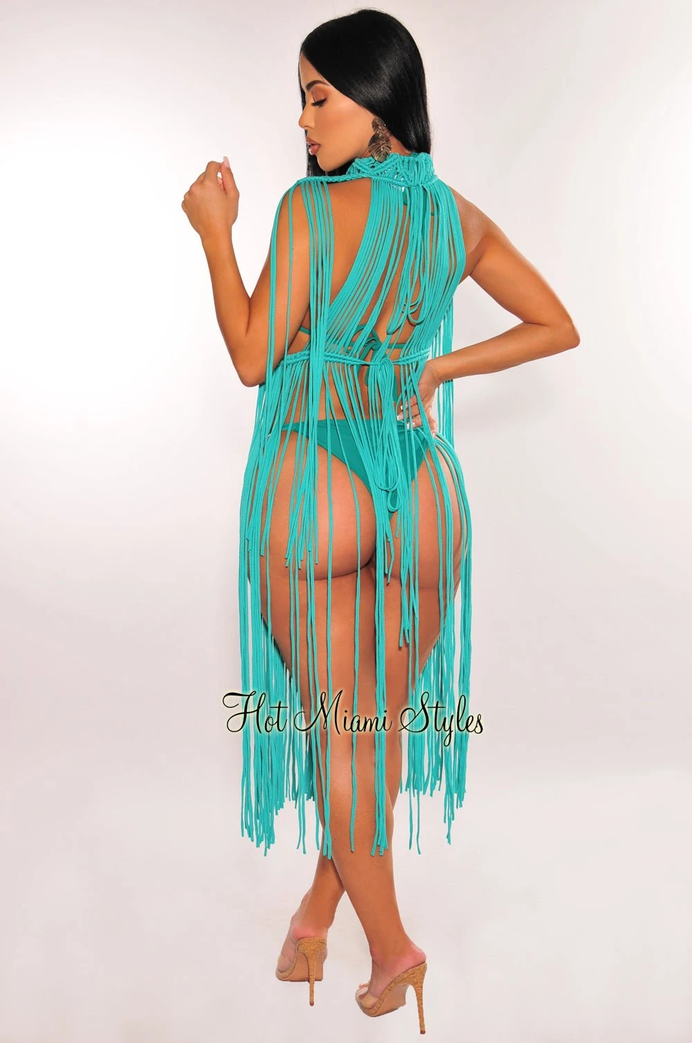 Turquoise Crochet Cape Sleeves Fringe Cover Up Dress 2 Turquoise Crochet Cape Sleeves Fringe Cover Up Dress - Image 2