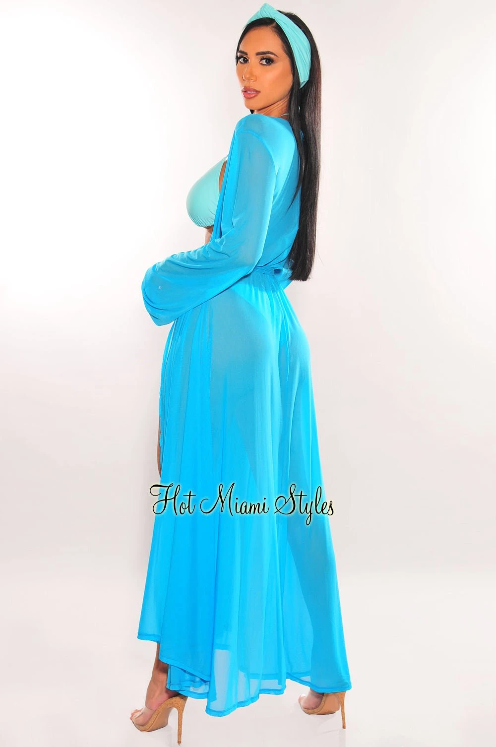 Turquoise Mesh Long Sleeves Belted Maxi Cover Up 2 Turquoise Mesh Long Sleeves Belted Maxi Cover Up - Image 2