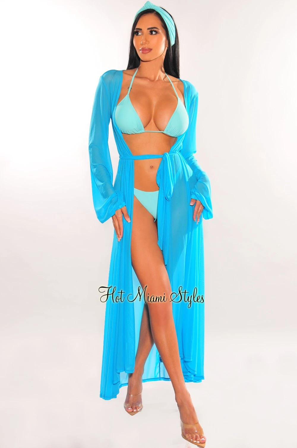 Turquoise Mesh Long Sleeves Belted Maxi Cover Up 1 Turquoise Mesh Long Sleeves Belted Maxi Cover Up