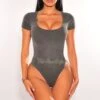Vintage Wash Gray Ribbed Round Neck Short Sleeve High Cut Bodysuit