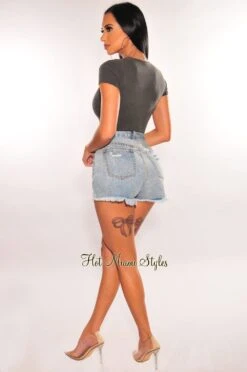 Vintage Wash Gray Ribbed Round Neck Short Sleeve High Cut Bodysuit -Miamis Style Shop vintage wash gray ribbed round neck short sleeve high cut bodysuit hot miami styles 402051