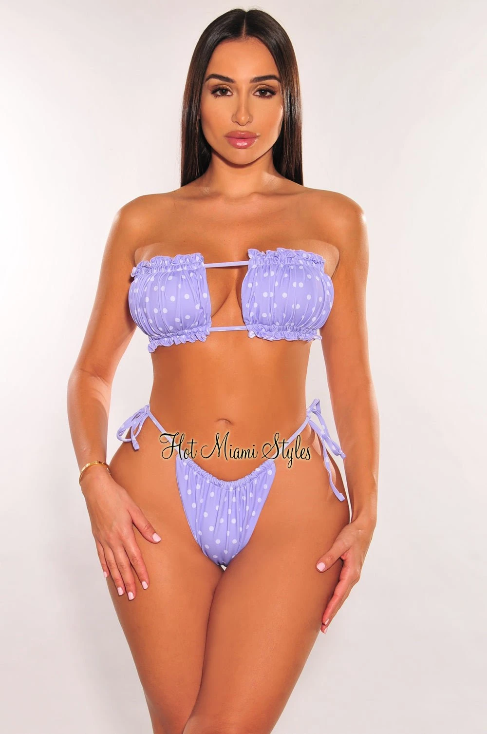 Violet Polka Dots Ruched Bust Frill Padded Bandeau Bikini 1 Violet Polka Dots Ruched Bust Frill Padded Bandeau Bikini