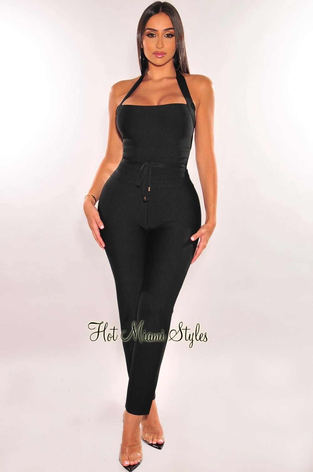 WAIST SNATCHED: Black Bandage Halter Belted Jumpsuit 1 WAIST SNATCHED: Black Bandage Halter Belted Jumpsuit