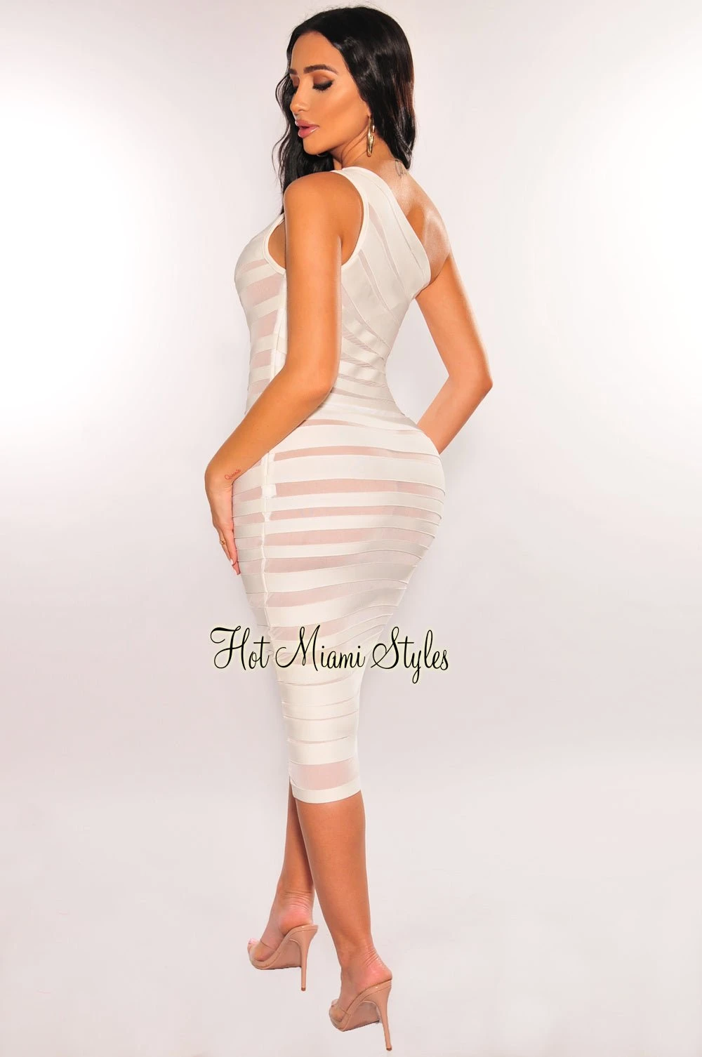 White Bandage Sheer Mesh Illusion One Shoulder Midi Dress 2 White Bandage Sheer Mesh Illusion One Shoulder Midi Dress - Image 2