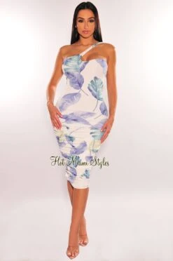 White Blue Green Floral Print One Shoulder Ruched Dress