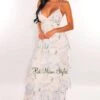 White Blue Print Spaghetti Straps Cut Out Layered Maxi Dress