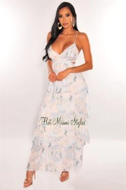 White Blue Print Spaghetti Straps Cut Out Layered Maxi Dress