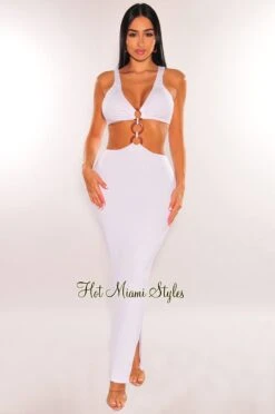 White Brown O-Ring Sleeveless Cut Out Double Slit Dress