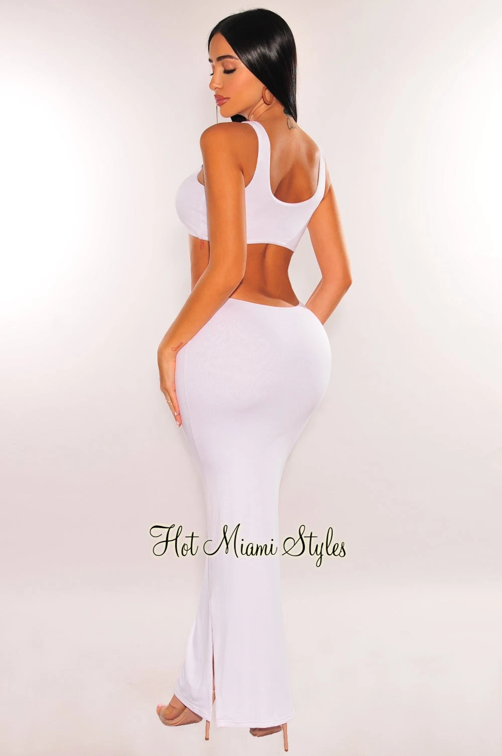 White Brown O-Ring Sleeveless Cut Out Double Slit Dress 2 White Brown O-Ring Sleeveless Cut Out Double Slit Dress - Image 2