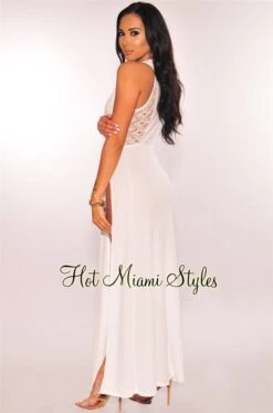 White Crochet Double Slit Cover Up Maxi Dress -Miamis Style Shop white crochet double slit cover up maxi dress hot miami styles 211077