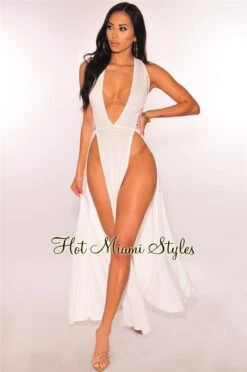 White Crochet Double Slit Cover Up Maxi Dress -Miamis Style Shop white crochet double slit cover up maxi dress hot miami styles 542140