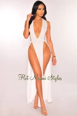 White Crochet Double Slit Cover Up Maxi Dress -Miamis Style Shop white crochet double slit cover up maxi dress hot miami styles 977004