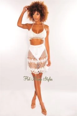 White Crochet Halter Cowrie Shells Skirt Two Piece Set Cover Up -Miamis Style Shop white crochet halter cowrie shells skirt two piece set cover up hot miami styles 173922