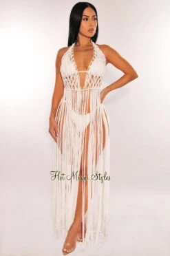 White Crochet Halter Fringe Cover Up Dress