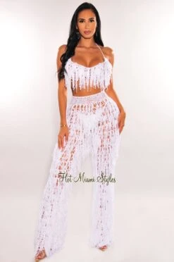 White Crochet Halter Fringe Pants Two Piece Set Cover Up