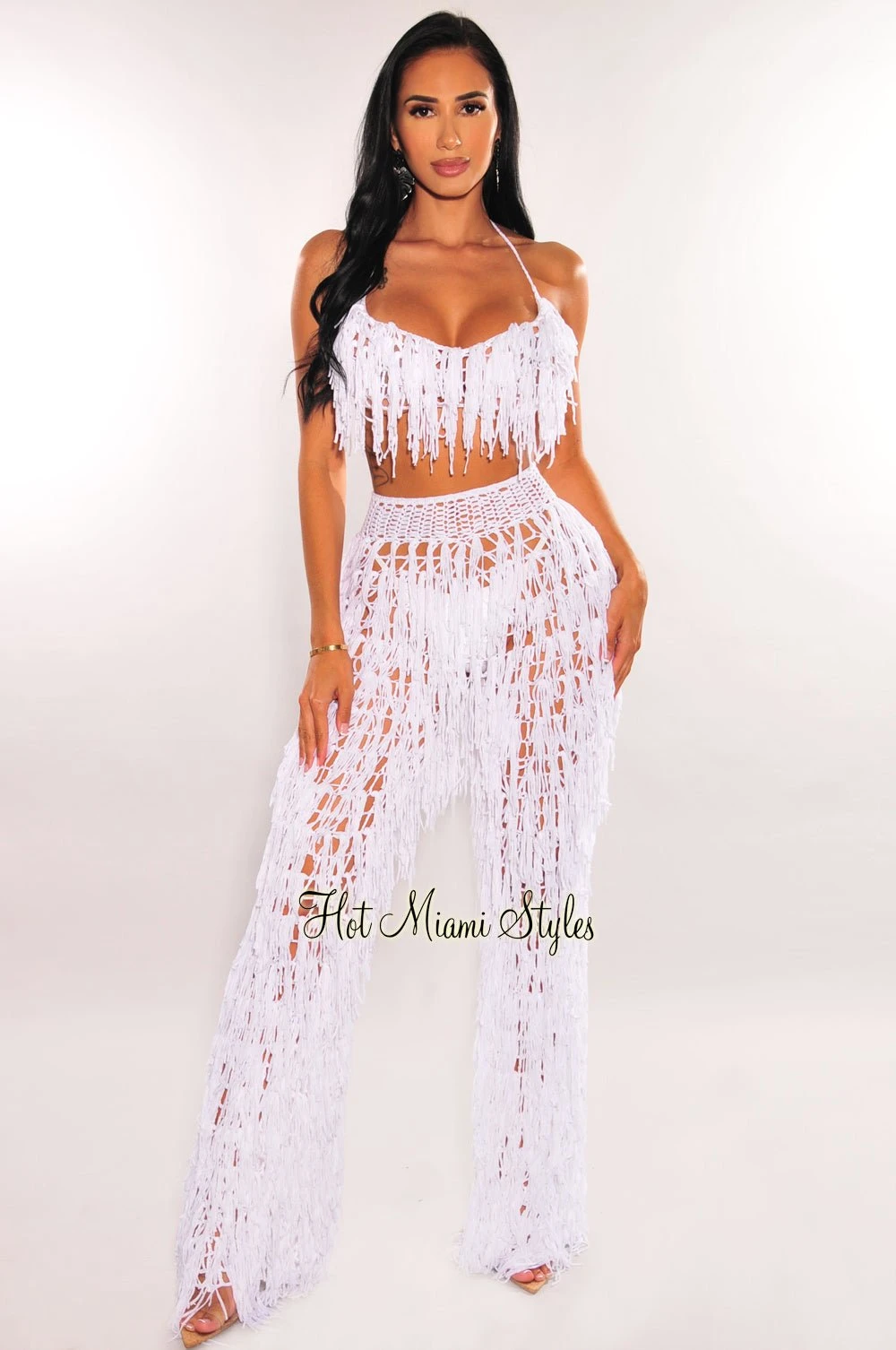 White Crochet Halter Fringe Pants Two Piece Set Cover Up 1 White Crochet Halter Fringe Pants Two Piece Set Cover Up