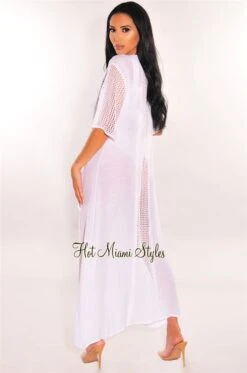 White Crochet Short Sleeve Tie Up Maxi Cover Up -Miamis Style Shop white crochet short sleeve tie up maxi cover up hot miami styles 169057