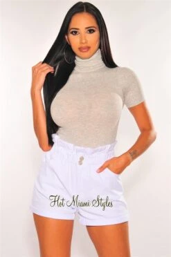 White Denim Button Up Cuffed High Waist Paperbag Shorts