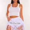 White Denim High Waist Fringe Hem Shorts