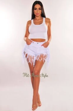 White Denim High Waist Fringe Hem Shorts -Miamis Style Shop white denim high waist fringe hem shorts hot miami styles 845188