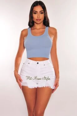 White Denim High Waisted Ripped Frayed Hem Shorts