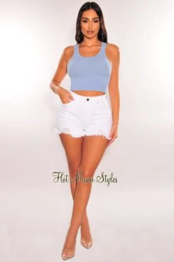 White Denim High Waisted Ripped Frayed Hem Shorts 6 White Denim High Waisted Ripped Frayed Hem Shorts -Miamis Style Shop white denim high waisted ripped frayed hem shorts hot miami styles 348076